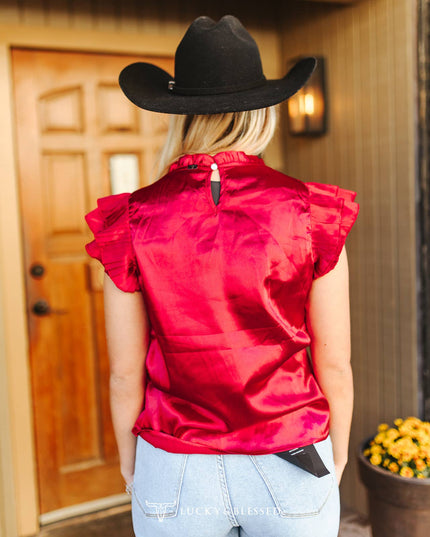 Red Satin Pleated Ruffle Sleeveless Top