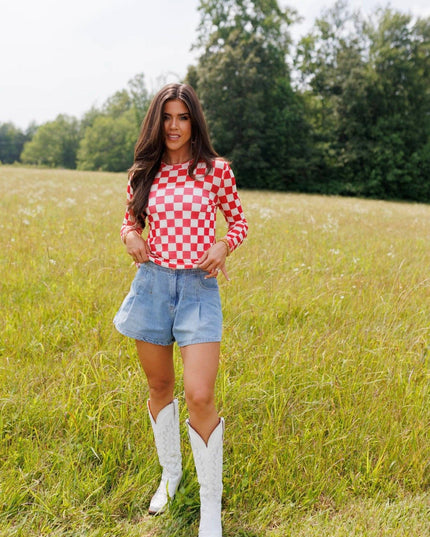 Red Checkerboard Mesh Top