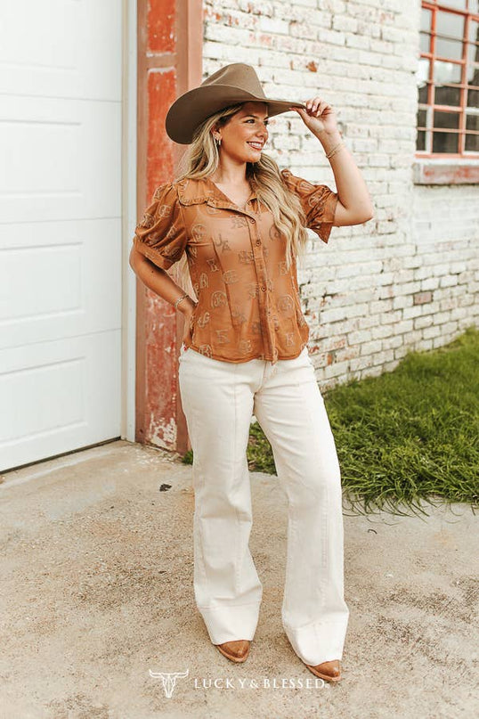 Brown Cattle Brand Burnout Collared Button Down Shirt