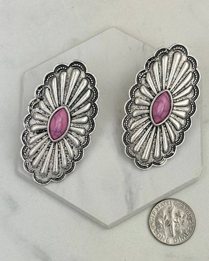 ER220430-03-GREEN                     Silver oval metal with green stone Earrings