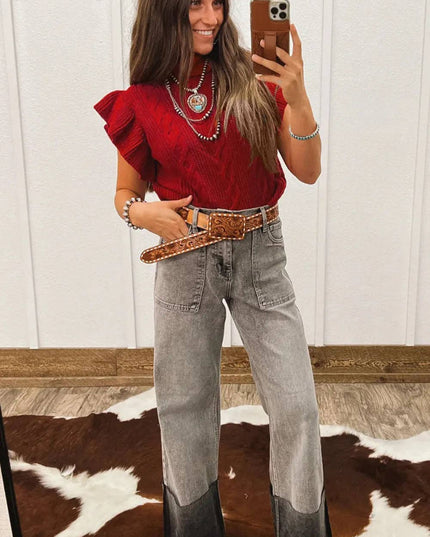 Western Cable Knit Turtleneck Ruffle Sleeve Sweater Top