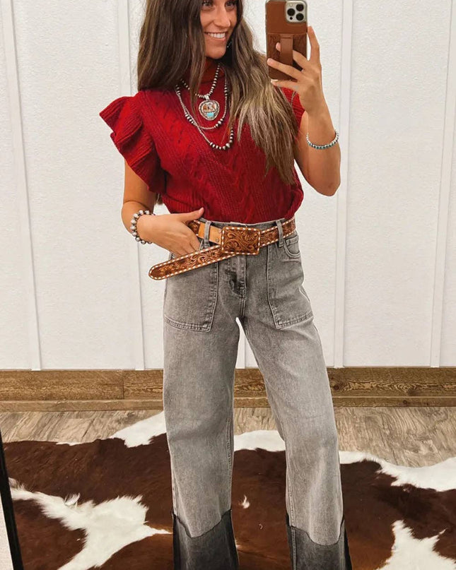 Western Cable Knit Turtleneck Ruffle Sleeve Sweater Top