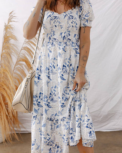Sky Blue Smocked Bodice Short Puff Sleeve Tiered Floral Midi Dress