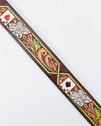 LC-ADBLF156 Tooled Leather Belt - Poker Card Floral Design with Hand-Painted Accents