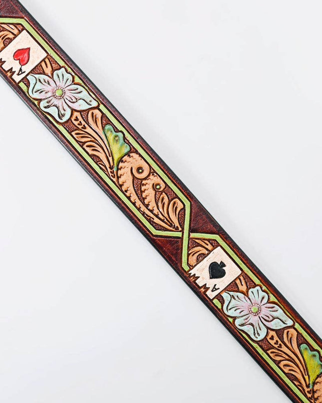 LC-ADBLF156 Tooled Leather Belt - Poker Card Floral Design with Hand-Painted Accents