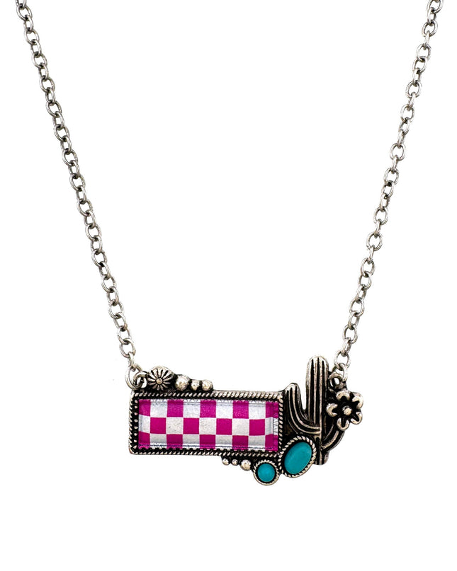 Checkered Print Western Cactus Flower Necklace