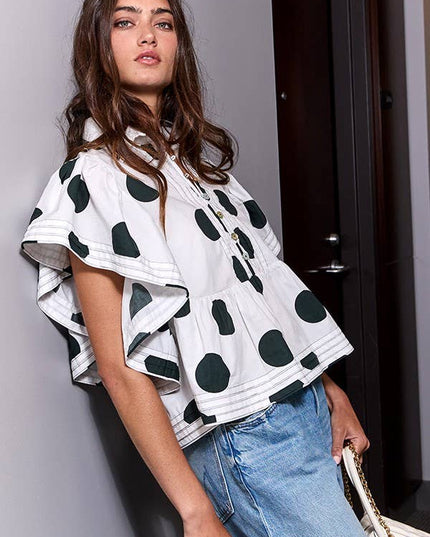 IT2337 Ruffle Sleeves Pintuck Detail Polka Dot Print top