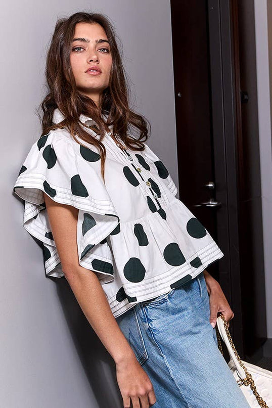 IT2337 Ruffle Sleeves Pintuck Detail Polka Dot Print top