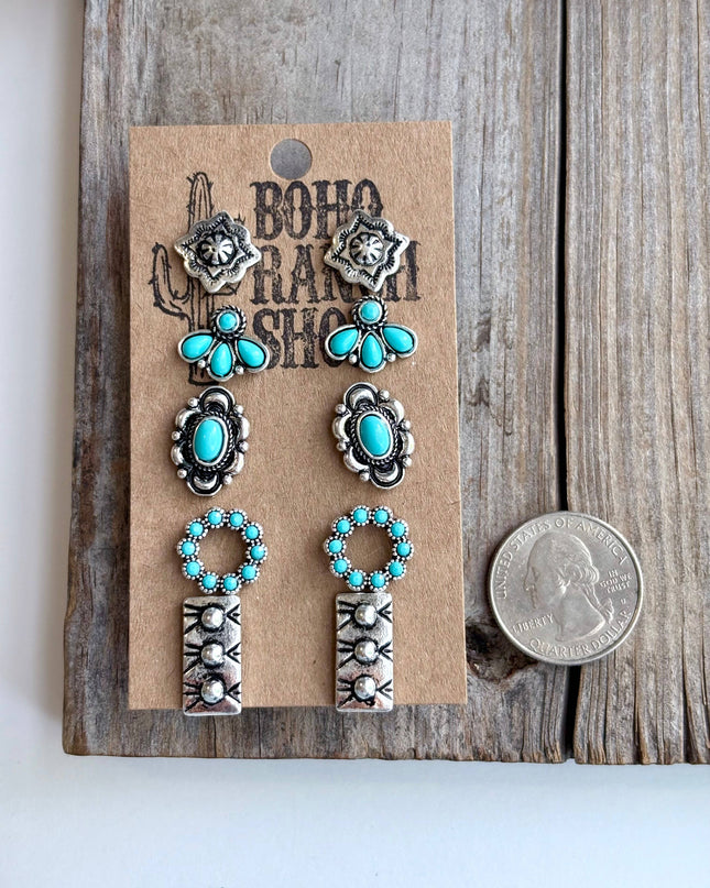 5 Pair Western Theme Stone Stud Earring Set