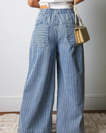 Stripe Button Pleated Drawstring Waist Casual Wide Leg Jeans