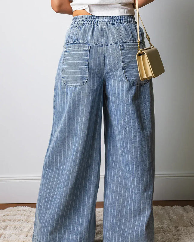 Stripe Button Pleated Drawstring Waist Casual Wide Leg Jeans