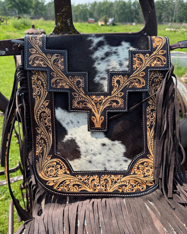 Genuine Western Cowhide Leather Purse or Clutch with cowhide and tooled details a Double B Wild Rags Exclusive