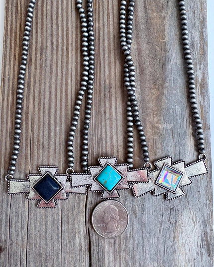 Western Aztec Stone Pendant Navajo Pearl Bead Necklace