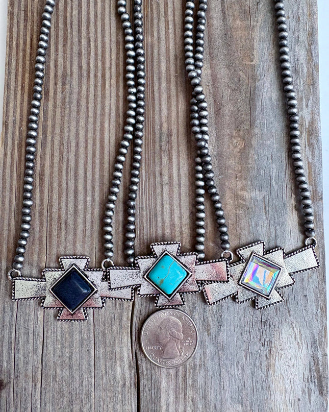 Western Aztec Stone Pendant Navajo Pearl Bead Necklace