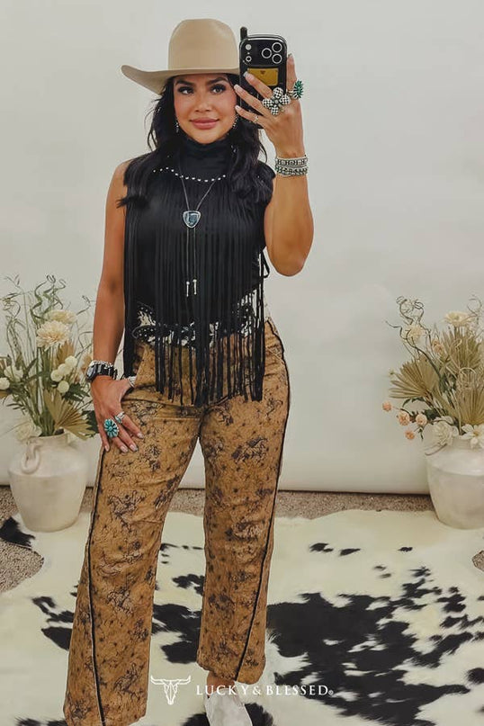 Black Stretch Suede Studded Fringe Yoke Top