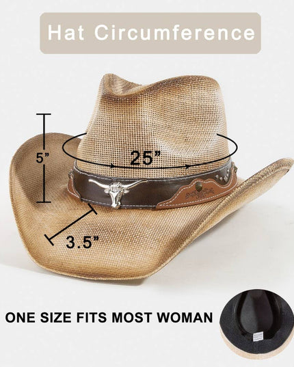 Western Long Horn Strap Trim Straw Cowboy Hat
