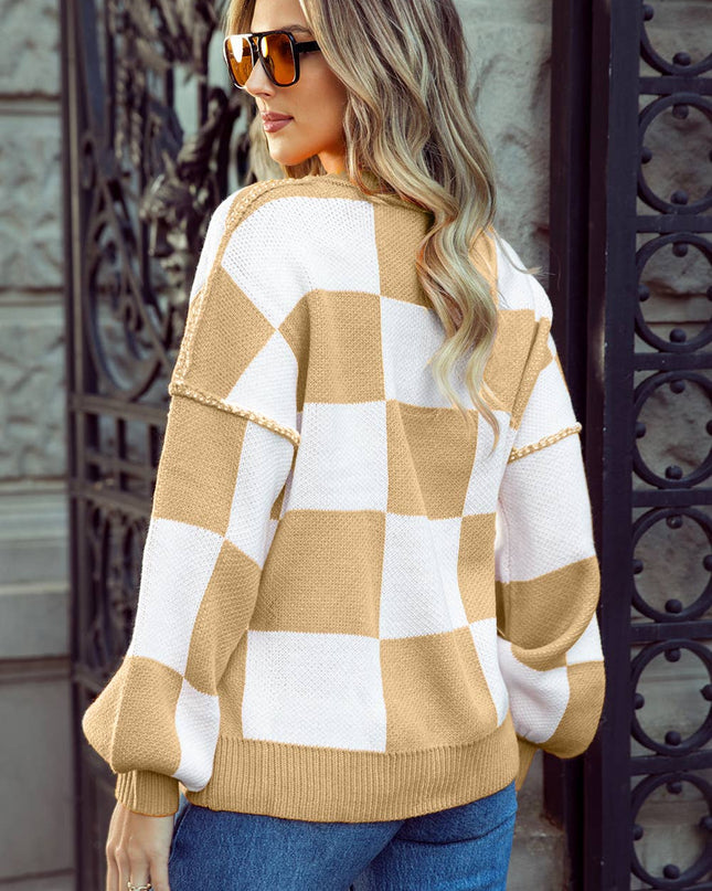 Checkered Oversized Crew Neck Knit Sweater | 10 Colors
