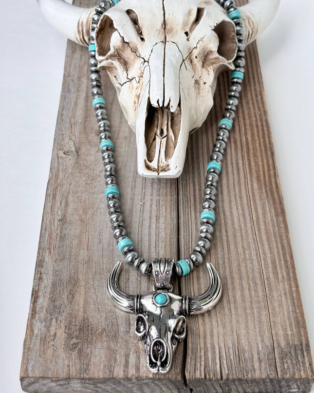 Western Style Navajo Pearl Bead Steer Head Pendant Necklace