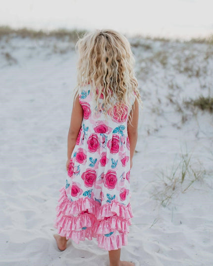 Girls Pink Rose 3 Ruffle Spring Summer Easter Dress