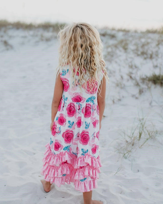 Girls Pink Rose 3 Ruffle Spring Summer Easter Dress