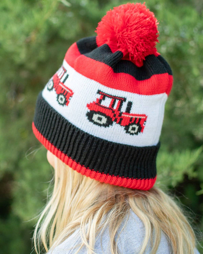 Red Tractor Knit Pom Beanie - Youth