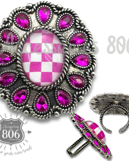 Western oval rhinestone ring with checkerboard inlay