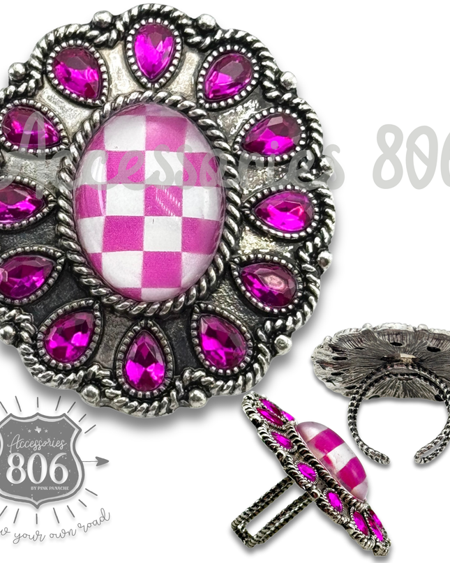 Western oval rhinestone ring with checkerboard inlay