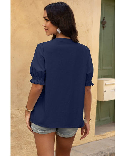 V Neck Boho Puff Short Sleeve Button Down Shirt