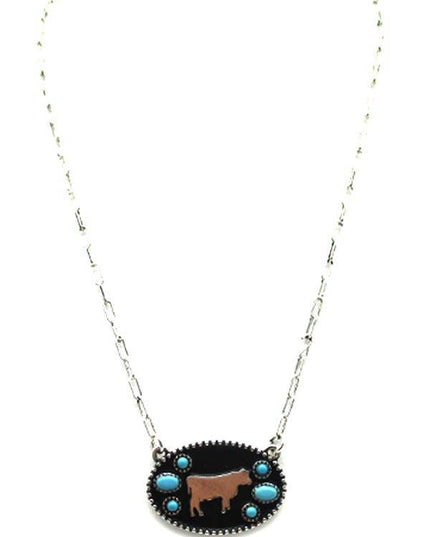 Western Oval Cow Silhouette Turquoise Stone Necklace