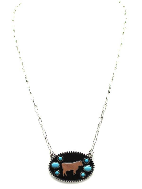 Western Oval Cow Silhouette Turquoise Stone Necklace
