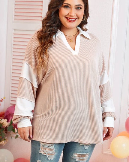 Plus Size Colorblock V-Neck Patchwork Long Sleeve Top