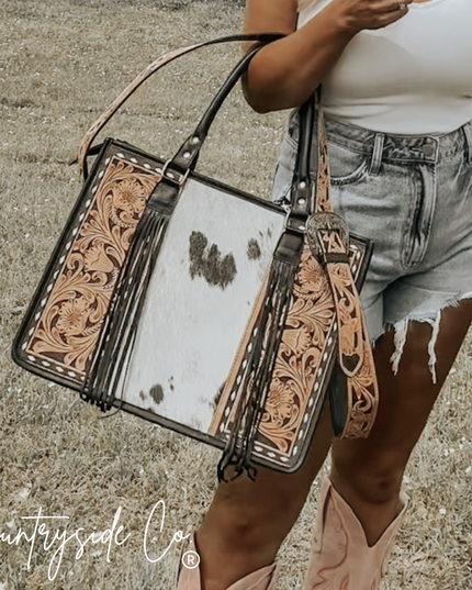 Panhandle Tooled Leather Cowhide Tote, Computer Bag, Purse