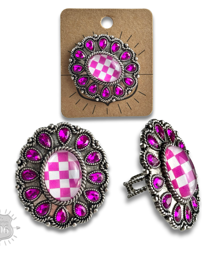 Western oval rhinestone ring with checkerboard inlay