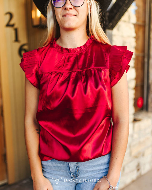 Red Satin Pleated Ruffle Sleeveless Top