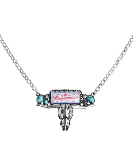 Enamel "Babeweiser" Longhorn Skull Charm Necklace