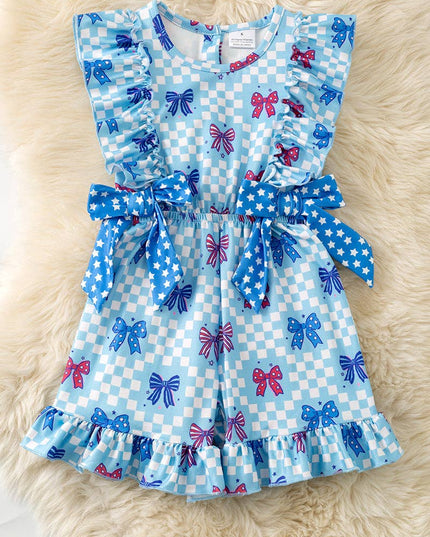 Patriotic bow printed jumpsuit with checker.