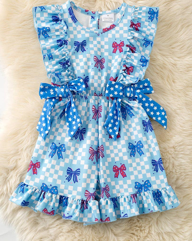 Patriotic bow printed jumpsuit with checker.