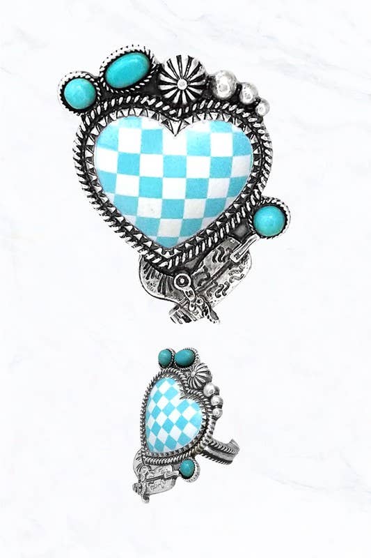Heart Checkered Turquoise Ring