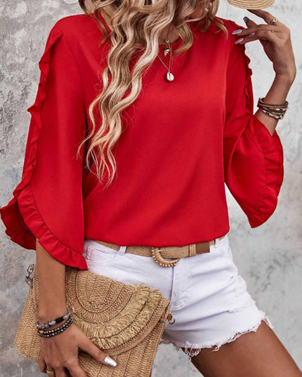 Round Neck Lace Irregular Seven Quarter Sleeve Top