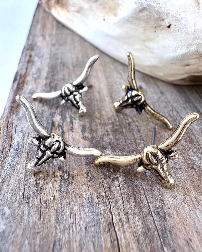 Dainty Western Style Longhorn Skull Stud Earrings