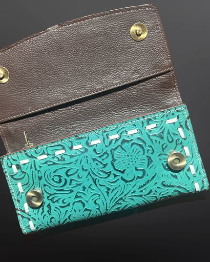 Tooled Leather Turquoise Cowhide Zip Close Wallet