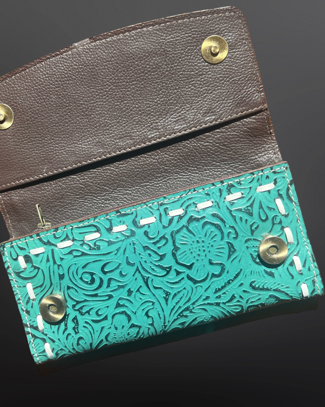 Tooled Leather Turquoise Cowhide Zip Close Wallet