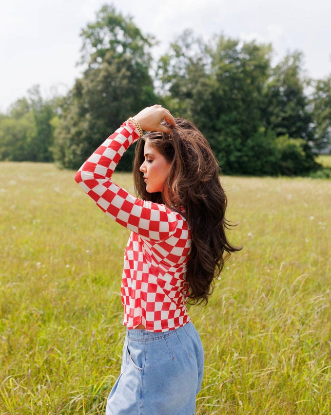 Red Checkerboard Mesh Top