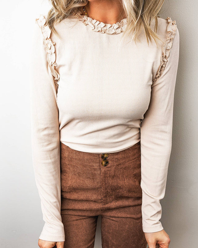 Solid Color Round Neck Frill Detail Long Sleeve Top