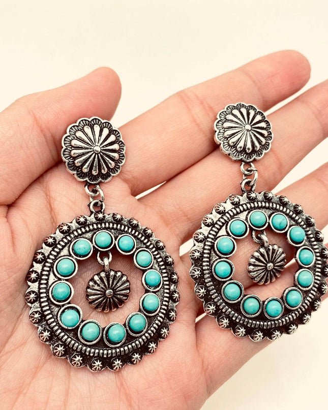 Turquoise Round Hollow Post Earrings - WJ