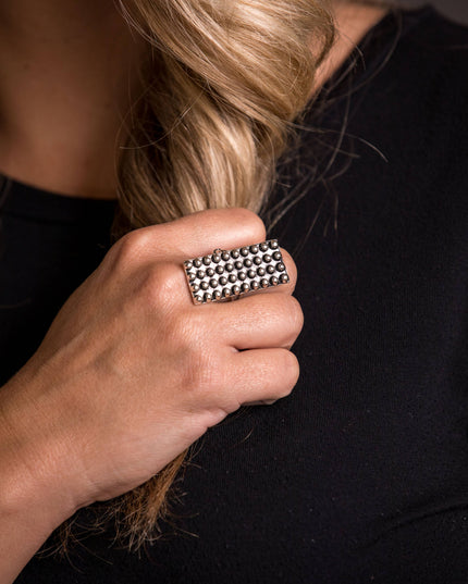 1.5" Adjustable Burnished Silver Rectangular Dotted Ring