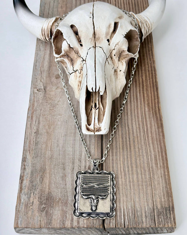 Western Style Steerhead Rectangle Pendant Necklace