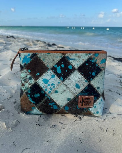Checkered Western Cowhide Makeup Bag Travel