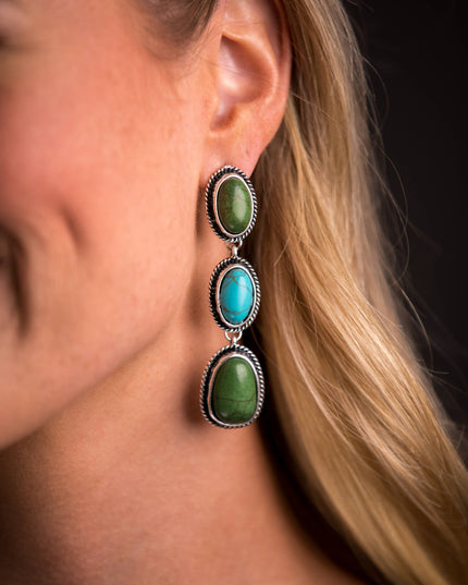 3" Burnished Silver Turquoise and Green 3 Tier Post Earrings