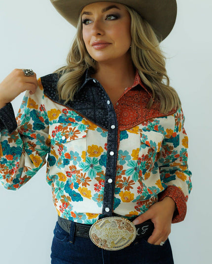 Pearl Snap, Rust Bandana Floral